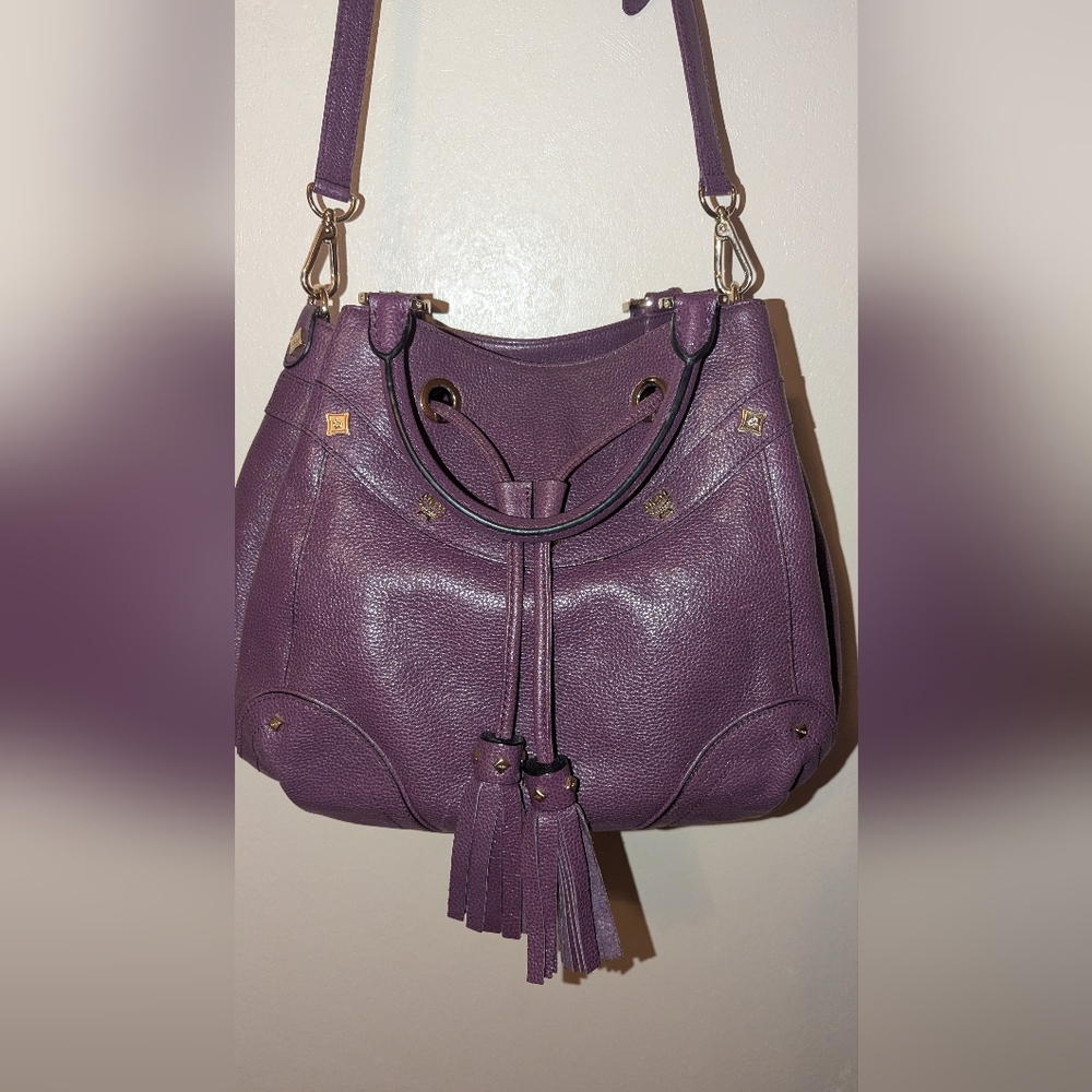 MCM Two-Way Leather Drawstring Bucket Bag Purple COA VGUC - Picture 1 of 14